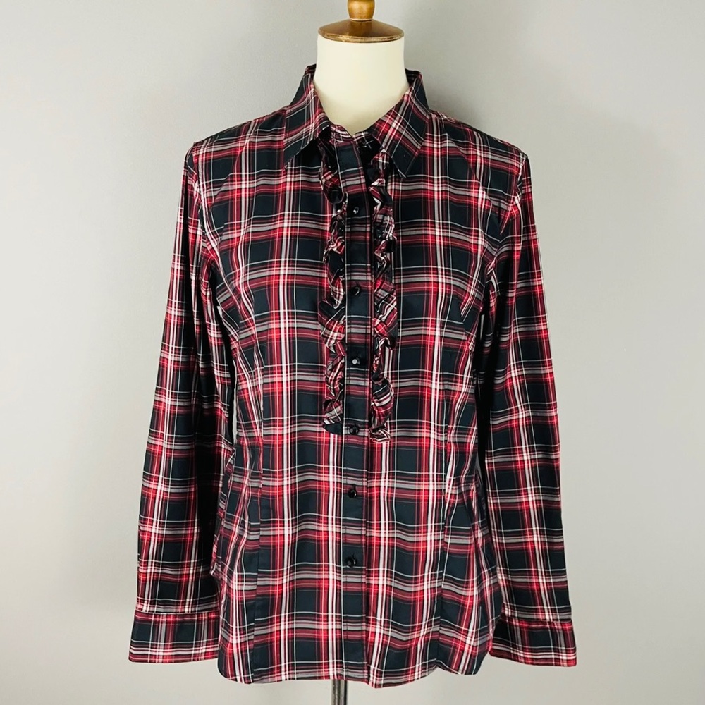 Talbots Ruffled, Plaid Button Down Blouse Size 14 - image 1